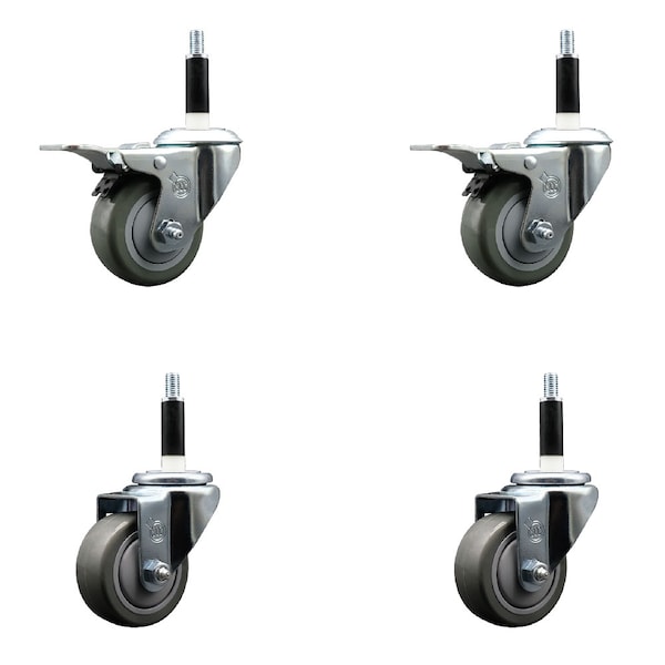 3'' Gray Poly Swivel 7/8'' Expanding Stem Caster Set 2 Total Lock Brakes, 4PK